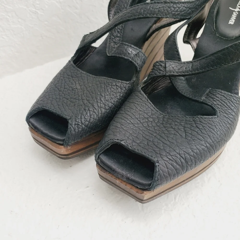 Rebeca Sanver Spain Y2K Leather Chunky Wedge Wood Platform Sandals 40EU